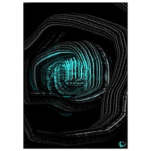 Può includere: Stampa d'arte digitale astratta con una forma centrale turchese brillante circondata da linee scure e strutturate. L'opera d'arte ha un'estetica moderna e geometrica, con un forte contrasto tra lo sfondo nero e il nucleo turchese brillante. Una firma è nell'angolo in basso a destra.