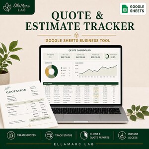 Può includere: Uno strumento digitale per il monitoraggio di preventivi e stime per Google Sheets visualizzato su uno schermo di un portatile e un documento cartaceo. La dashboard mostra dati finanziari, un grafico a torta e un grafico a linee.