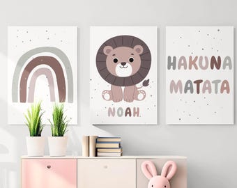 Printable 3-Piece Set Hakuna Matata Jungle Animals | Personalized Name | Boho Safari Wall Art | Lion, Rainbow | Nursery Decor