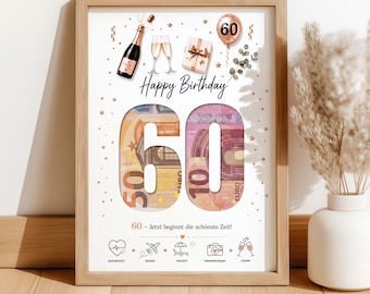 Regalo di denaro per il 60° compleanno in PDF, modi creativi per regalare denaro, regalo per il 60° compleanno, regalo di denaro fai da te da ritagliare