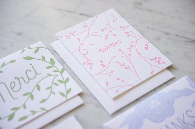 Gracias floral two color letterpress thank you card box set of 6