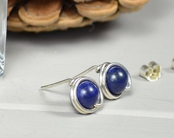 Lapis Lazuli Small Stud Earrings, Blue Lapis Gemstone Earrings, Small Wrapped Gemstone Earring