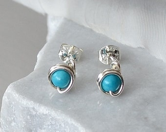Small Turquoise Howlite Earring, Sterling Silver Wrapped Stud Earrings