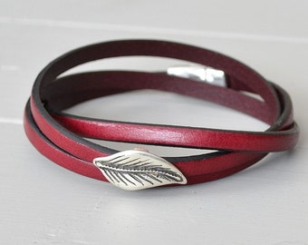 Leather Leaf Bracelet, Wine Leather Bracelet, Burgundy Leather Bracelet, Spring Leaf Jewelry