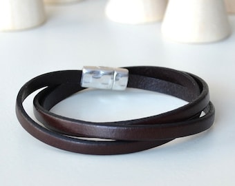 Brown Leather Wrap, Brown Leather Bracelet, Leather with Magnet Clasp, Brown Wrist Strap