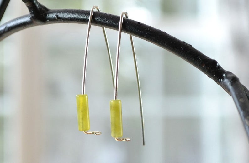 Olive Jade Modern Earring, Yellow Green Gemstone Earrings, Long Sleek Earrings, Sterling Silver Gemstone Earrings image 3