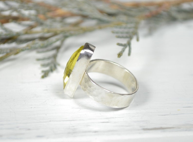 Handcrafted Ring Lemon Quartz Wide Band Ring Rectangle Gemstone Ring
