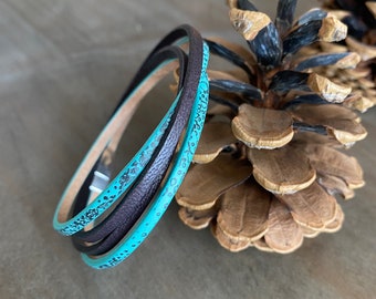 Turquoise Brown Leather Bracelet, Leather Wrist Strap, Two Tone Leather Bracelet