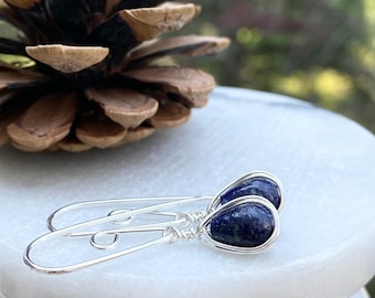 Lapis Lazuli Sterling Silver Earrings, Interchangeable Earrings, Dark Blue Earrings