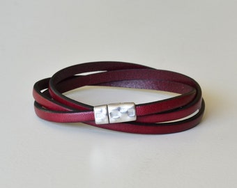 Burgundy Leather Wrist Strap, Magnetic Leather Wrap Bracelet, Gift For Her