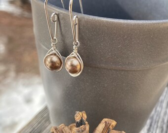 Bronze Swarovski Pearl Earrings, Silver Spiral Earring, Interchangeable Earrings