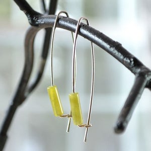 Olive Jade Modern Earring, Yellow Green Gemstone Earrings, Long Sleek Earrings, Sterling Silver Gemstone Earrings image 1