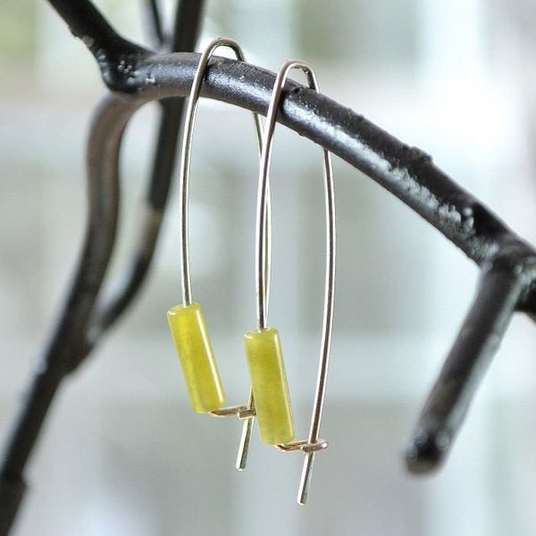 Olive Jade Modern Earring, Yellow Green Gemstone Earrings, Long Sleek Earrings, Sterling Silver Gemstone Earrings