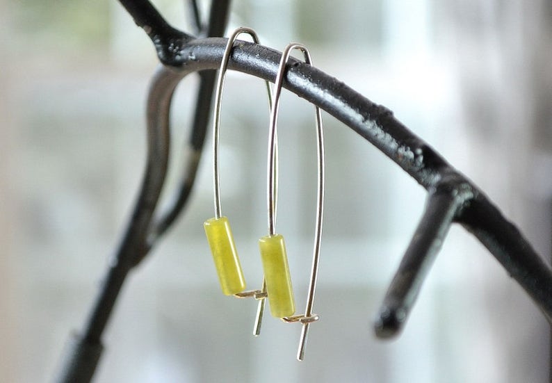 Olive Jade Modern Earring, Yellow Green Gemstone Earrings, Long Sleek Earrings, Sterling Silver Gemstone Earrings image 1