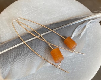 Orange Aventurine Earrings, Modern Threader Earrings, Gemstone Sterling Silver Earrings