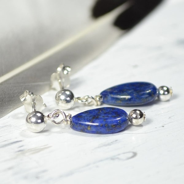 Boucles d'oreilles en forme de larme en lapis lazuli, boucles d'oreilles en argent sterling avec pierres précieuses bleues