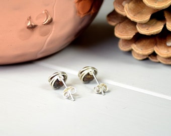 Bronzite Gemstone Sterling Silver Earrings, Brown Stone Stud Earrings, Small Stone Stud Earring
