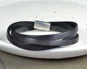 Leather Wrap Bracelet, Gray Brown Bracelet, Leather Wristlet Strap, Multiple Strand Wrap Bracelet