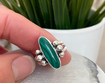 Malachite Sterling Silver Ring, Size 8 1/4, Handmade Gemstone Ring