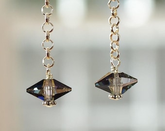 Swarovski Crystal Spike Earrings, Black Diamond Crystal Earrings, Chain Earrings, Crystal Point Earrings