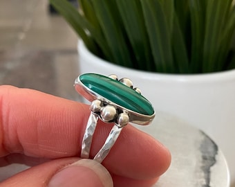 Malachite Sterling Silver Ring, Size 10, Handmade Gemstone Ring