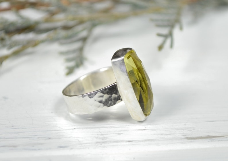 Handcrafted Ring Lemon Quartz Wide Band Ring Rectangle Gemstone Ring