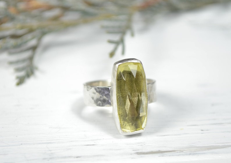 Handcrafted Ring Lemon Quartz Wide Band Ring Rectangle Gemstone Ring