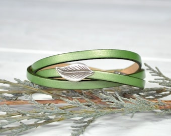 Green Leaf Bracelet, Leather Bracelet, Leaf Jewelry