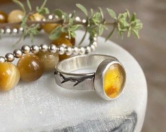 Amber Sterling Silver Ring, Mountain Ring band, Size 7 1/2, One of a Kind Ring