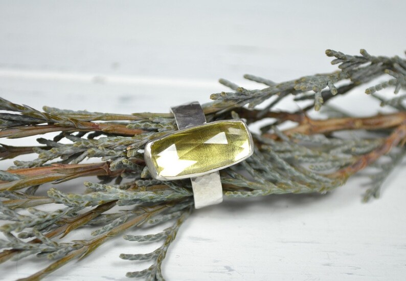 Handcrafted Ring Lemon Quartz Wide Band Ring Rectangle Gemstone Ring
