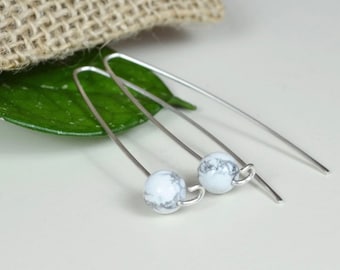 White Howlite Earrings, Gemstone Earrings, Threader Earrings