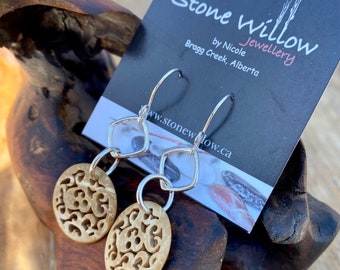 Sterling Silver Coconut Shell Earrings, Boho Earrings, Natural Wood Earrings