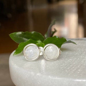Moonstone Stud Earrings, Sterling Silver Gemstone Earrings