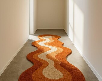 Tappeto passatoia ondulato retrò - Estetica anni '70 Arancione e crema Tappeto da corridoio - Decorazione per pavimenti moderna di metà secolo - Tappeto passatoia astratto di forma irregolare
