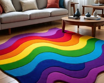 Rainbow Wavy Rug, Hand Tufted Area Rug, Colorful Irregular Carpet, Abstract Wave Rug, Kids Room Decor, Funky Aesthetic Rug, Custom Size