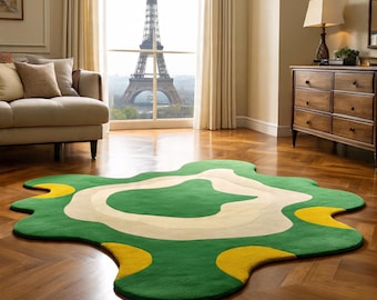 Abstract Green Hand Tufted Rug, Modern Organic Shape Rug, Irregular Area Rug, Aesthetic Living Room Carpet, Custom Size Contemporary Rug