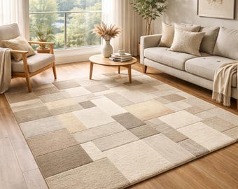 Modern geometrisch blokwollen vloerkleed | Neutraal beige en taupe vloerkleed | Eigentijds handgetuft abstract tapijt | Minimalistisch vloerkleed in aardetinten