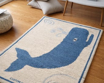 Blue Whale Hand Tufted Rug, Ocean Animal Kids Rug, Custom Handmade Wool Carpet, Nursery Decor, Nautical Area Rug for Living Room Bedroom