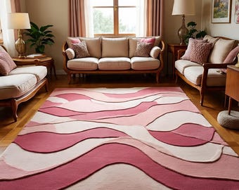 Pink Wavy Rug, Abstract Hand Tufted Area Rug, Modern Feminine Carpet, Aesthetic Living Room Bedroom Decor, Irregular Shape Custom Rug