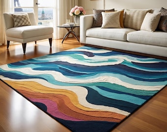 Colorful Wavy Rug, Abstract Tufted Area Rug, Modern Wave Carpet, Multicolor Living Room Rug, Handmade Statement Rug, Contemporary Home Decor