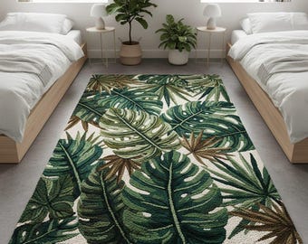 Tappeto con foglie tropicali, tappeto annodato a mano, tappeto botanico con monstera, tappeto verde naturale, tappeto decorativo giungla, tappeto per soggiorno e camera da letto, dimensioni personalizzate