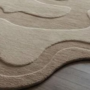 Pu&ograve; includere: Un tappeto beige con un design organico a strati. Il tappeto presenta diverse tonalit&agrave; di beige e marrone chiaro, creando un effetto strutturato e tridimensionale. I bordi del tappeto hanno una forma morbida e fluida, che contribuisce alla sua estetica moderna.