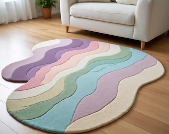 Pastel Wavy Rug,Irregular Shape Tufted Rug,Modern Abstract Area Rug, Handmade Colorful Rug, Kids Room Rug,Living Room Decor, Custom Size Rug