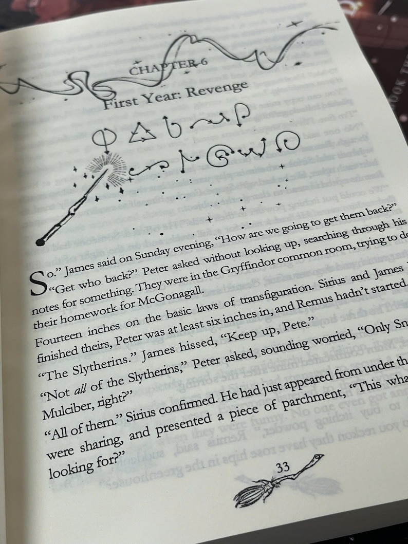 May include: Open book page with text, chapter title "First Year: Revenge", and a drawing of a wand emitting light. The page also features a drawing of a broom and the number 33.