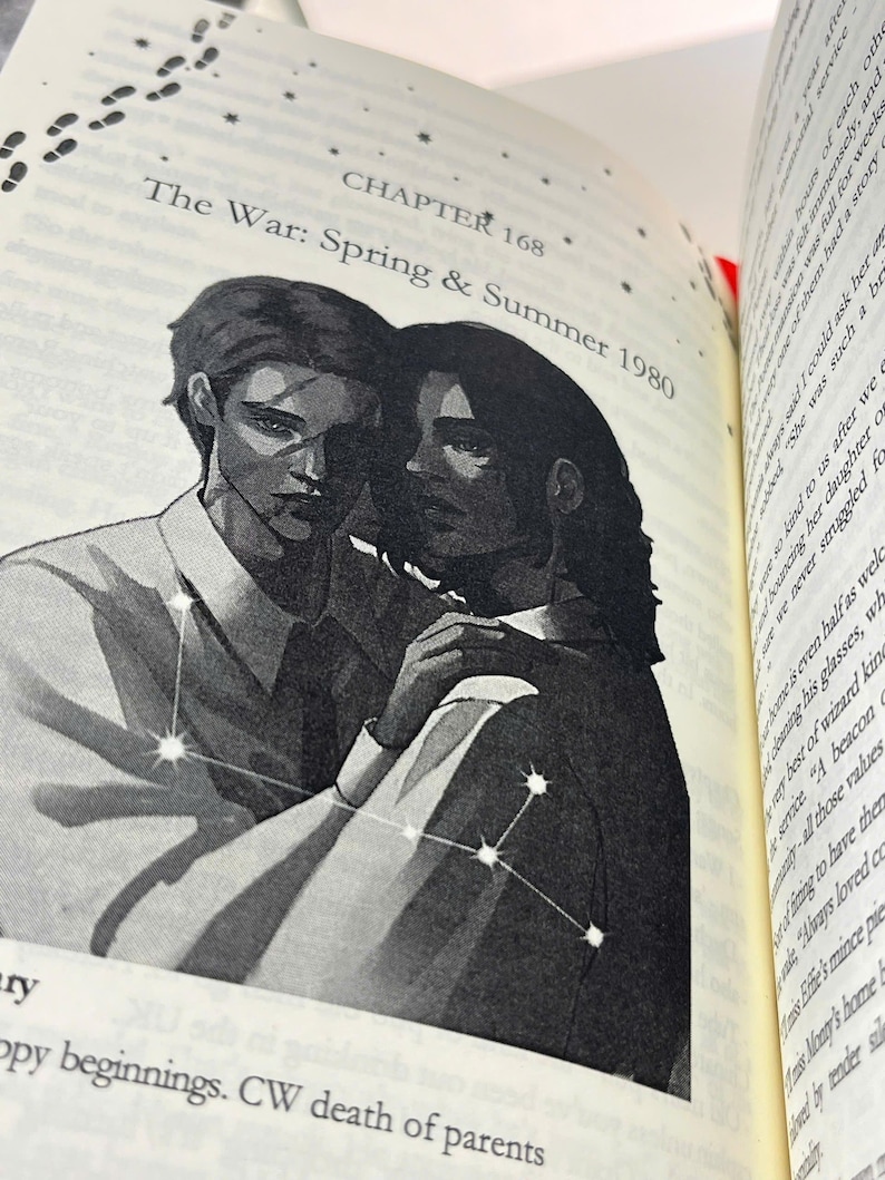 May include: A black and white illustration of two people embracing, with a constellation design overlay. The text "The War: Spring & Summer 1980" is visible. The book is open, with text on the adjacent page.