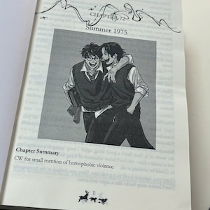 May include: Open book page with a black and white illustration of two people embracing, smiling. Text above the image reads "CHAPTER 72 Summer 1975." Below the image, the text reads "Chapter Summary CW for small mention of homophobic violence."