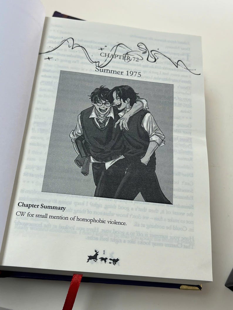 May include: Open book page with a black and white illustration of two people embracing, smiling. Text above the image reads "CHAPTER 72 Summer 1975." Below the image, the text reads "Chapter Summary CW for small mention of homophobic violence."