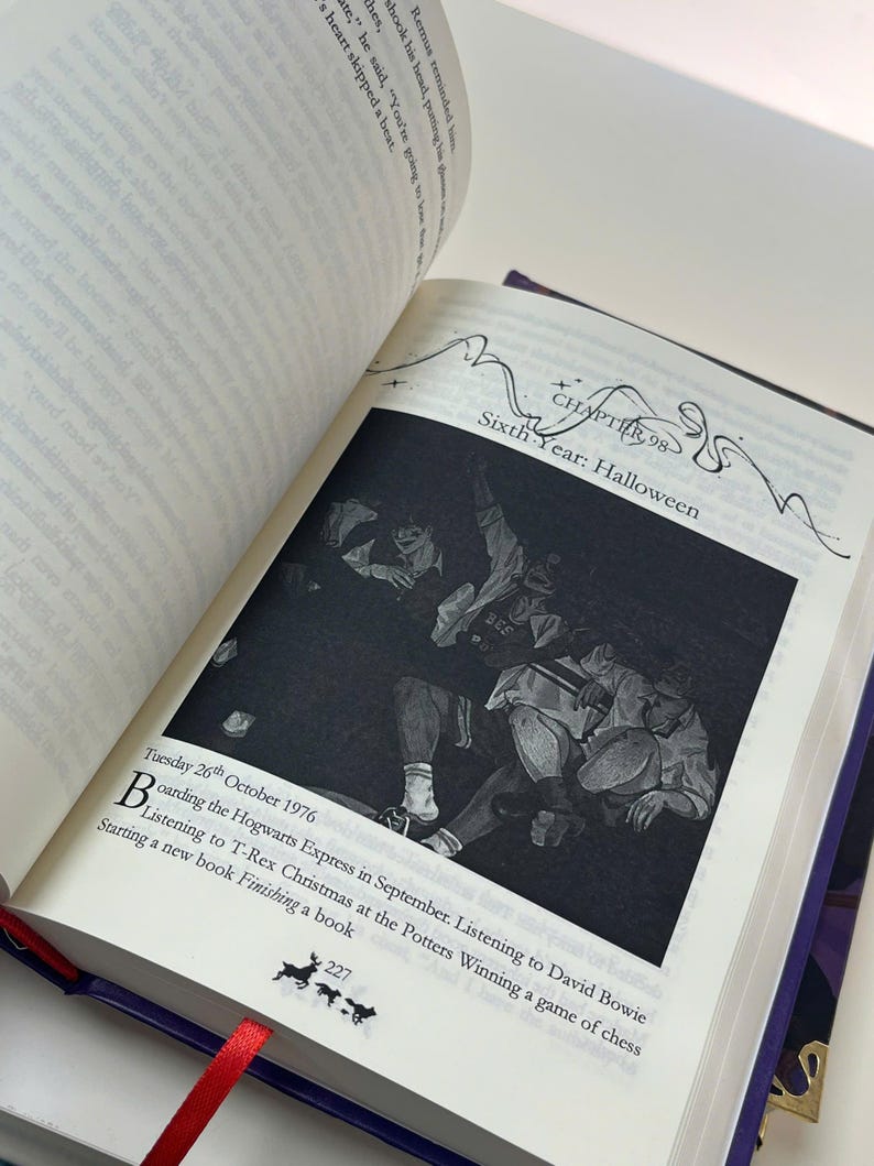 May include: An open book with a black and white illustration of a group of people. The text reads "Sixth Year: Halloween" and "Tuesday 26th October 1976". A red ribbon bookmark is visible.