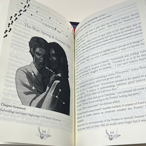 May include: Open book with a black and white illustration of two people embracing, with a constellation overlay. Text reads "Chapter 168 The War: Spring & Summer 1980" and "Chapter Summary: Sad endings and happy beginnings. CW death of parents."