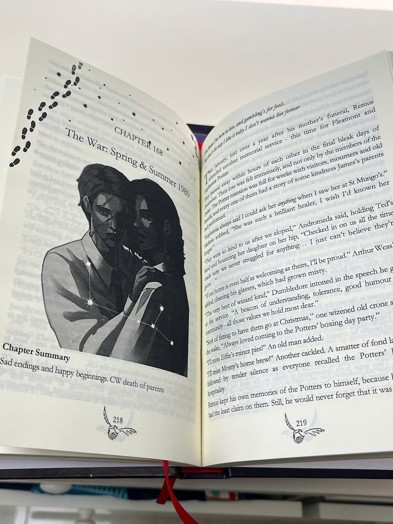 May include: Open book with a black and white illustration of two people embracing, with a constellation overlay. Text reads "Chapter 168 The War: Spring & Summer 1980" and "Chapter Summary: Sad endings and happy beginnings. CW death of parents."